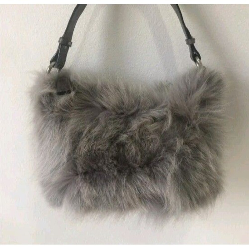 VTG Castellari Milano Italy Genuine Fox Fur Leather Handbag Gray Y2K Luxury - Picture 16 of 16